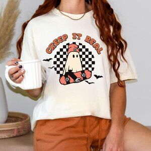 Retro Halloween Ghost Graphic T-Shirt Creep It Real Spooky Costume Fan Shirt 17